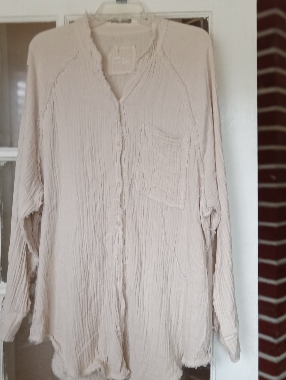 aerie Cream Button-Front Crinkled Long-Sleeve Shirt